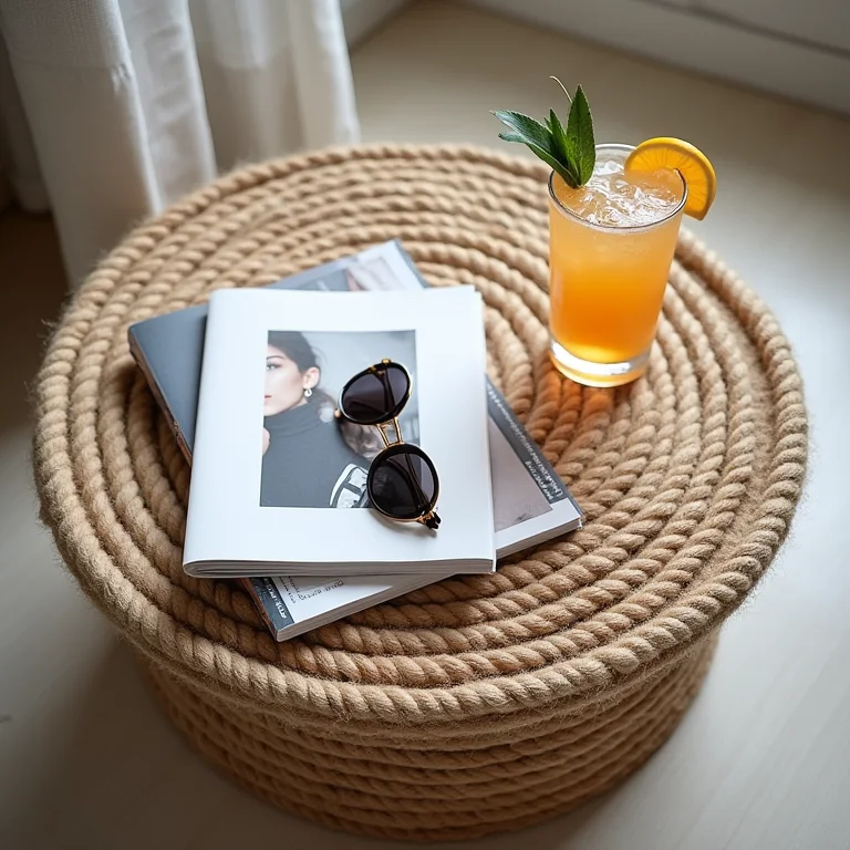 Mesa de centro de corda náutica com acessórios de moda e bebida refrescante