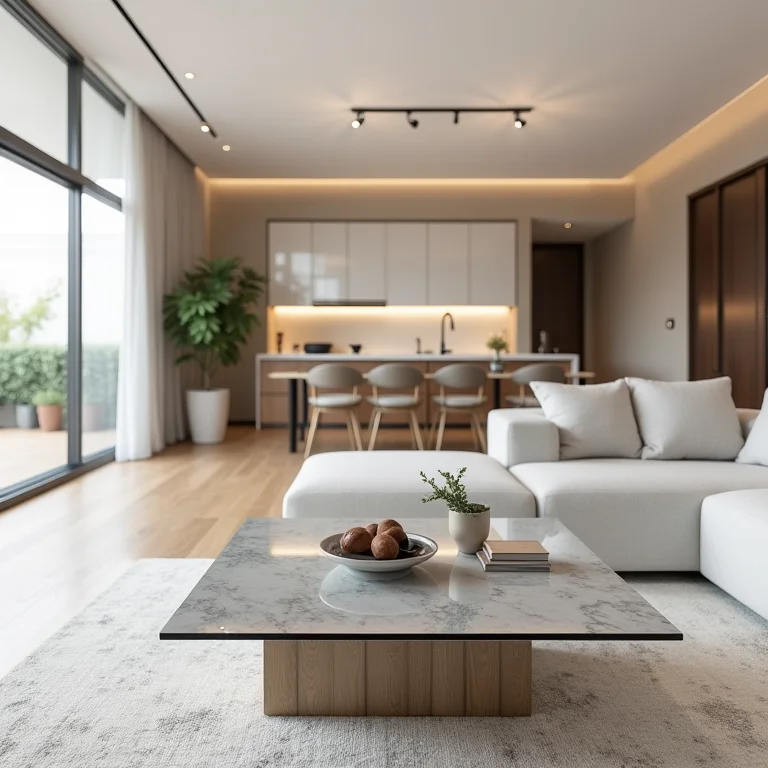 Mesa de centro de vidro em cozinha americana com decoração elegante