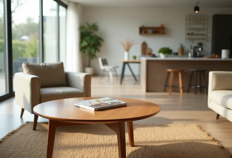 Mesa de centro moderna em sala de estar com cozinha americana integrada