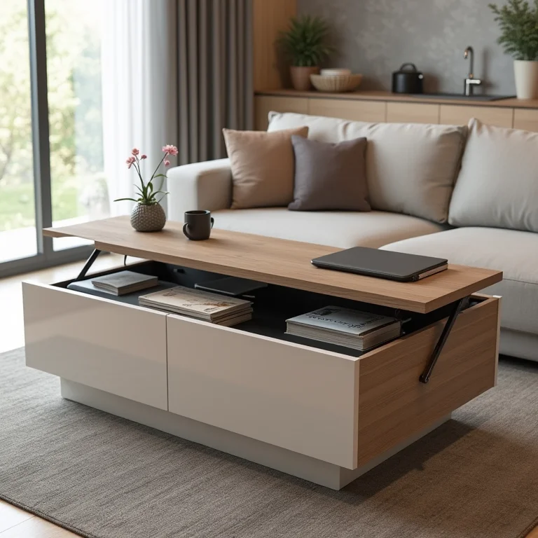 Mesa de centro multifuncional com tampo elevatório em cozinha americana