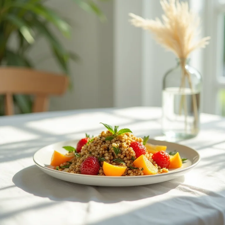 Mesa de jantar tranquila com comida colorida.