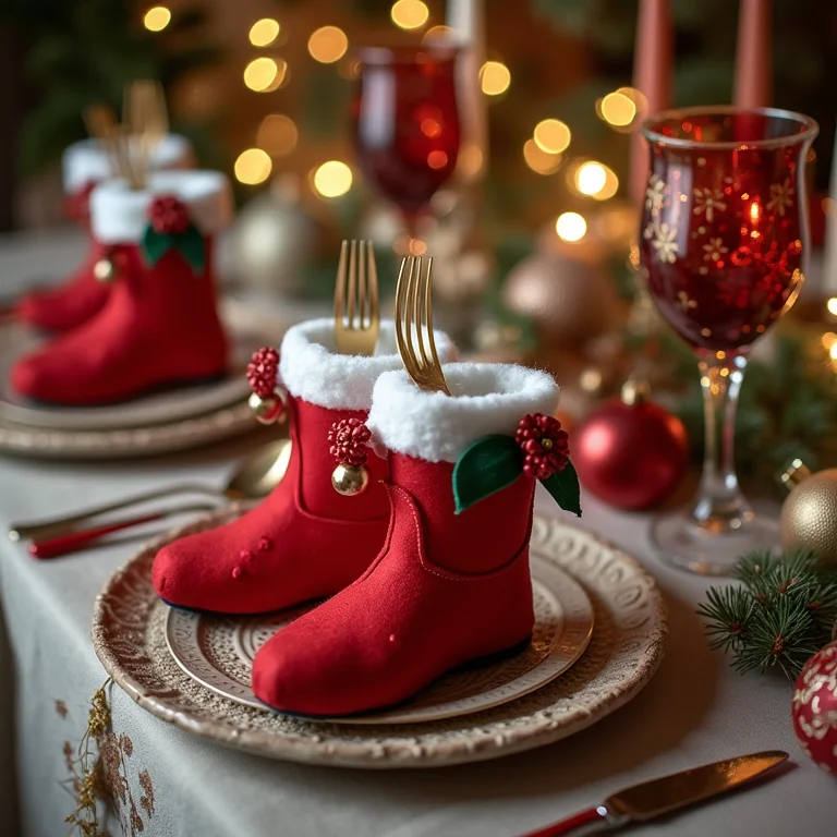 Mesa de Natal decorada com porta-talheres natalinos em formato de bota de feltro