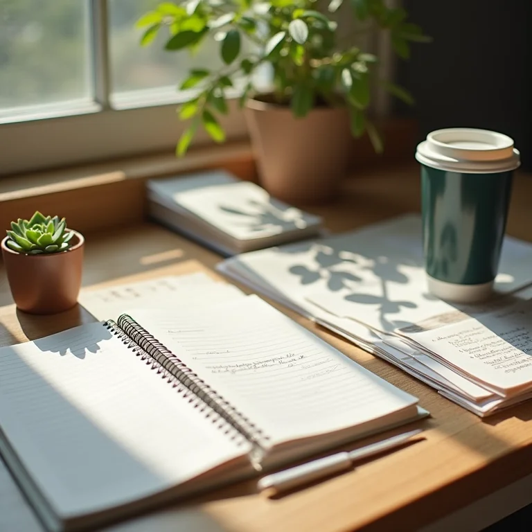 Mesa de trabalho desorganizada com materiais de escrita e planta
