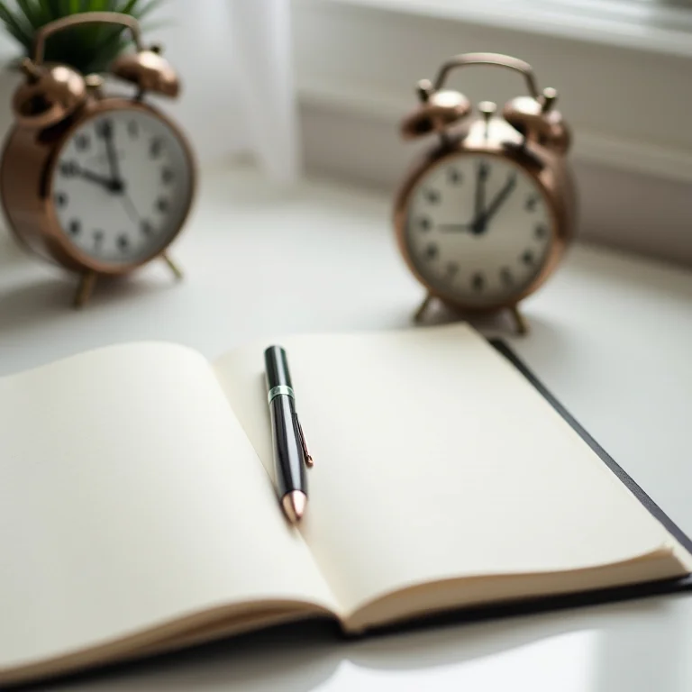 Mesa minimalista com caderno, caneta e timer