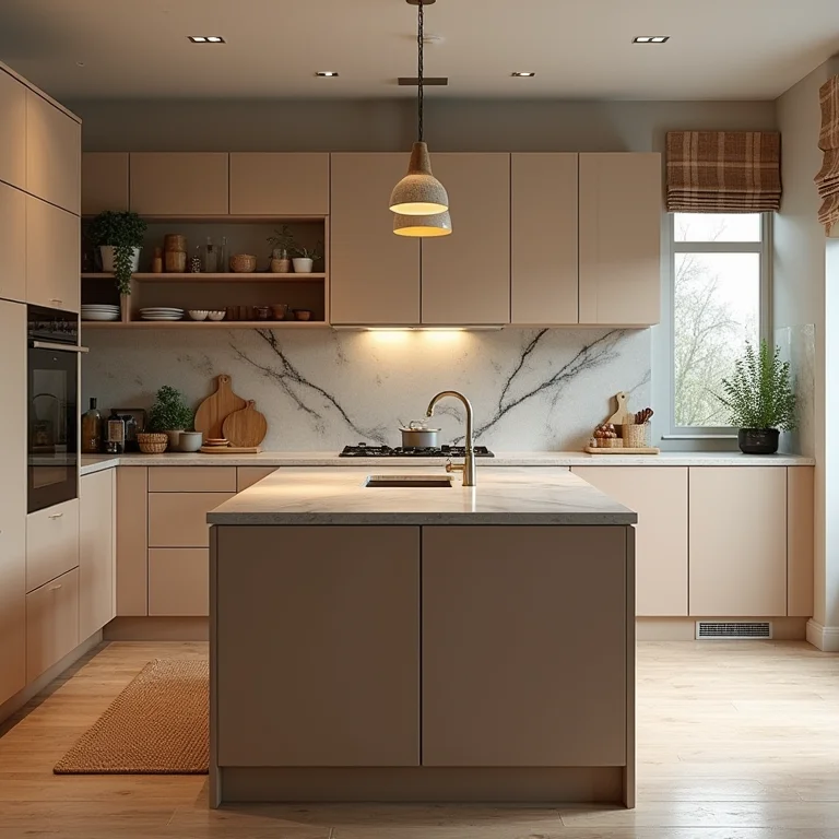 Mesa retangular integrada à decoração da cozinha, com cores e materiais coordenados para uma harmonia visual.