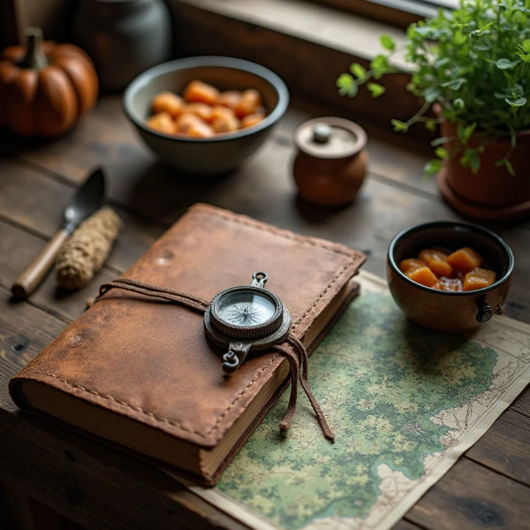 Mesa rústica com itens de aventura e descoberta