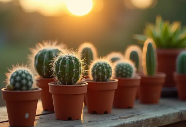 Mini cactos e suculentas em vasos de terracota sob luz suave