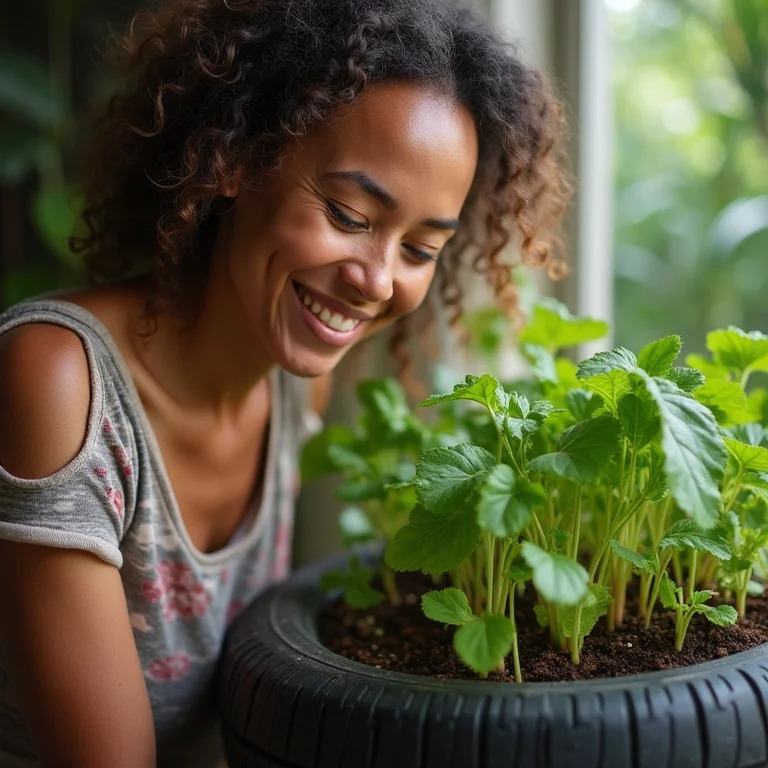 Mini-horta em pneu e mulher parda colhendo