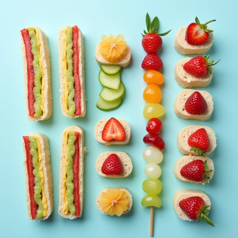 Mini sanduíches e espetinhos de frutas para festa.