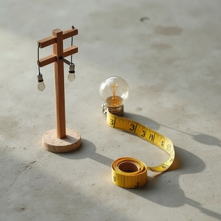 Miniatura de poste de luz, lâmpada e fita métrica.