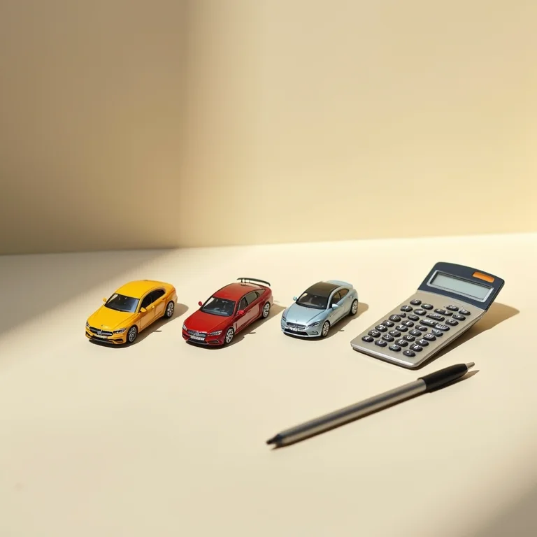 Miniaturas de carros e calculadora em flat lay.