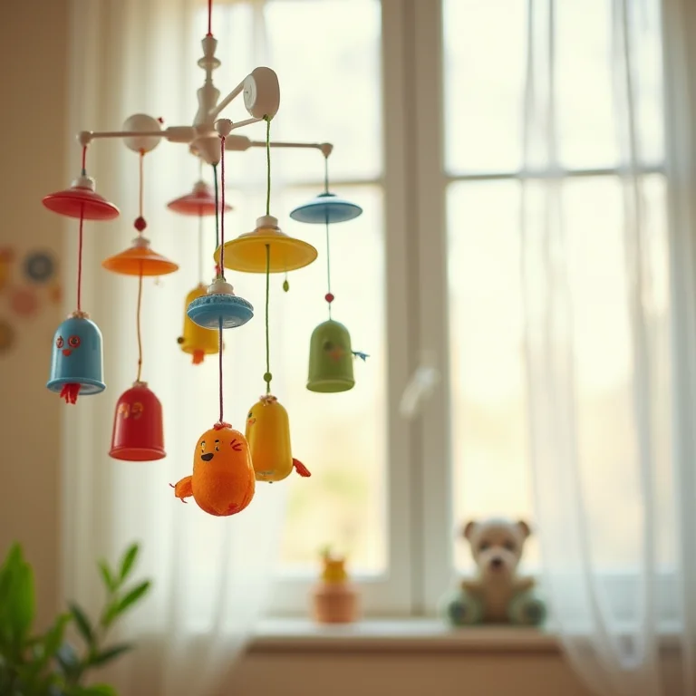 Móbile colorido de tampinhas para quarto infantil