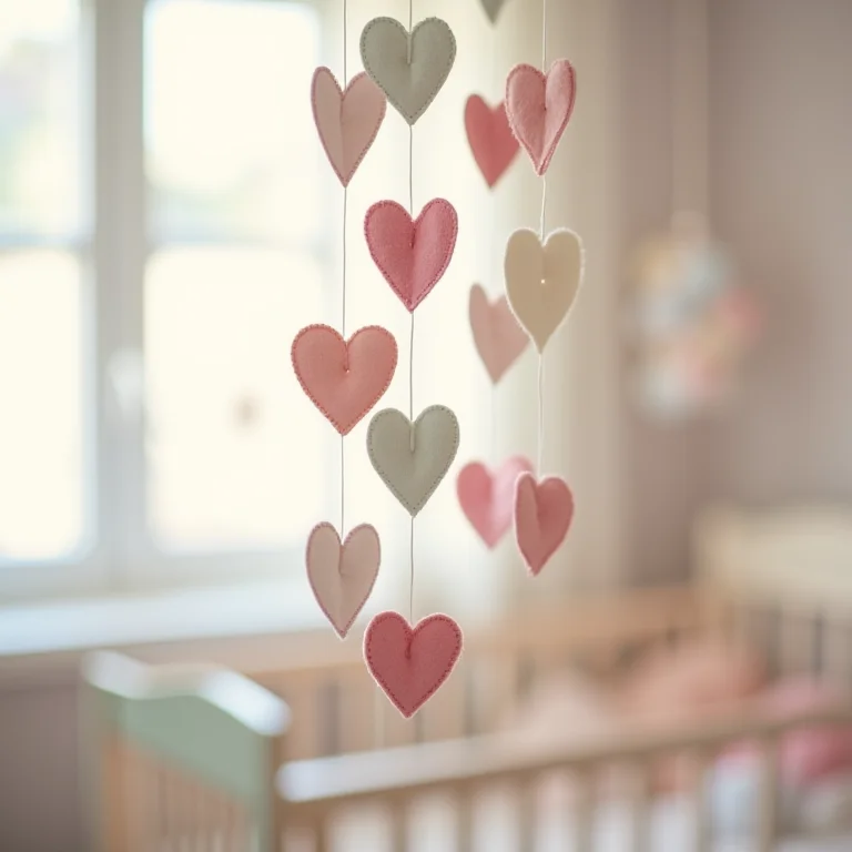 Móbile de corações de feltro pendurado no quarto do bebê