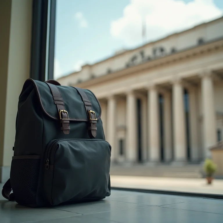Mochila de viagem em frente à Polícia Federal