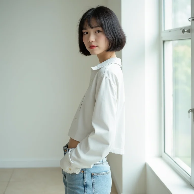 Modelo asiática com camisa branca oversized e jeans em frente a janela ensolarada.