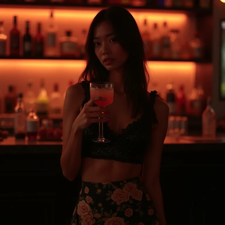 Modelo asiática com saia longa estampada e blusa de paetês em ambiente noturno