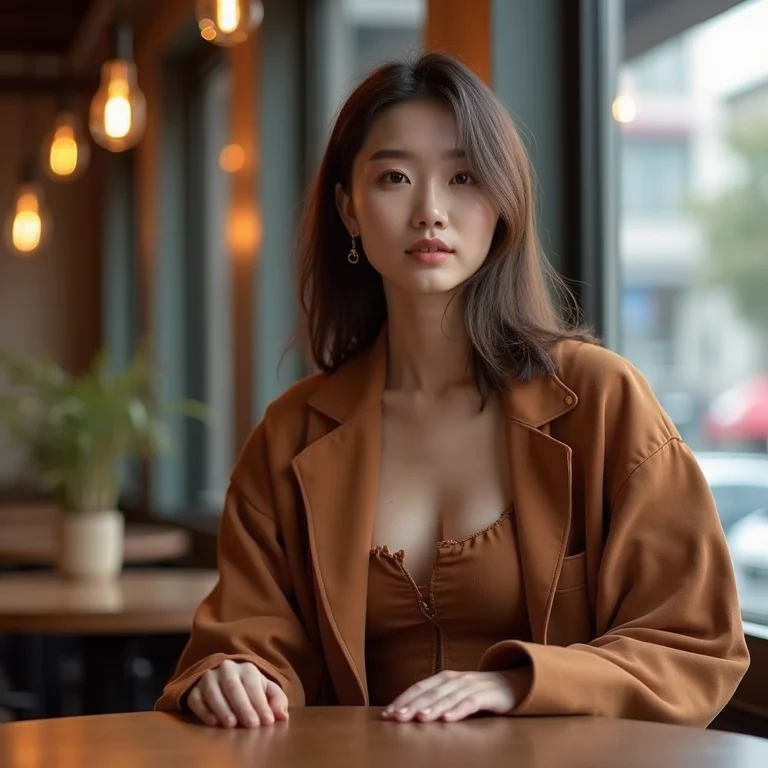 Modelo asiática Gen Z usando look casual monocromático marrom em café