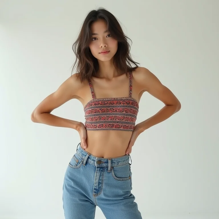Modelo asiática usando top cropped com estampa étnica e jeans de cintura alta