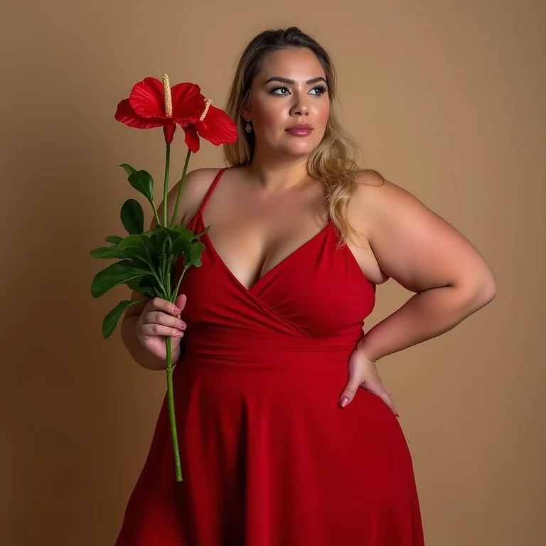 Modelo curvy com vestido vermelho segurando Antúrio vermelho