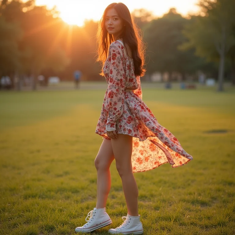 Modelo Gen Z asiática com vestido floral curto e tênis em um parque