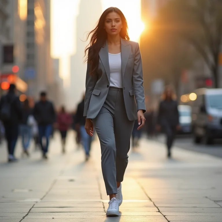 Modelo latina midsize usando terno monocromático cinza e tênis branco em look de trabalho