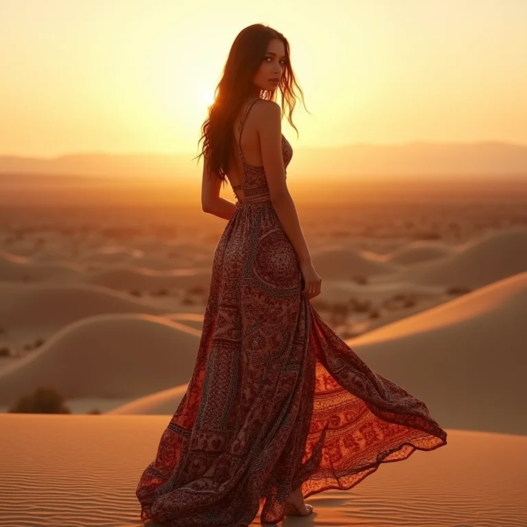 Modelo latina usando um vestido maxi com estampa étnica no deserto