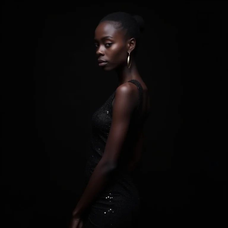 Modelo negra magra usando vestido de festa preto brilhante em look monocromático