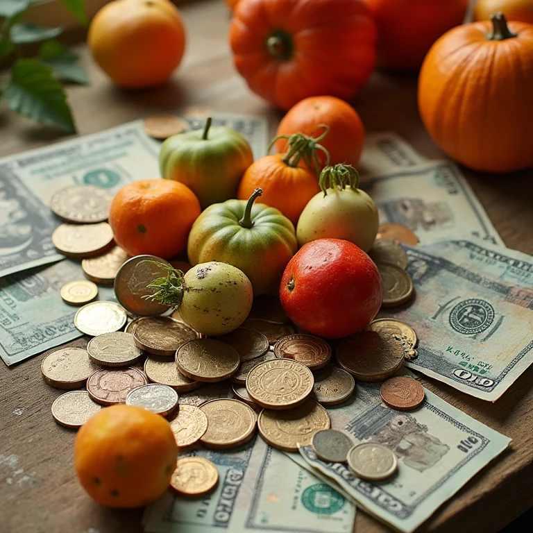 Moedas e notas ao redor de frutas e legumes.