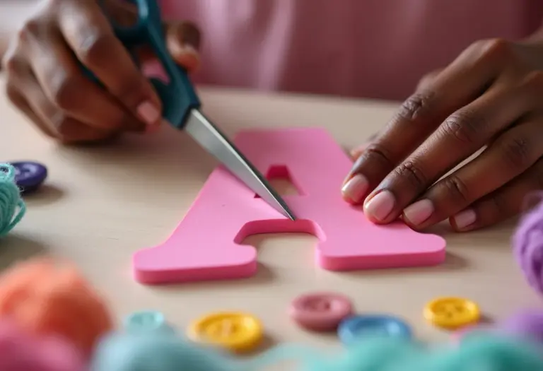 Molde da letra A em EVA rosa sendo recortado por mãos habilidosas