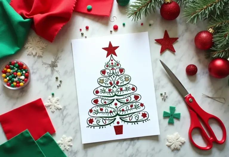 Molde de árvore de Natal impresso sobre mesa de artesanato com feltros coloridos