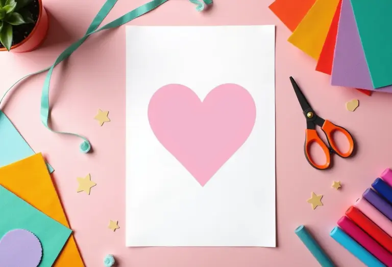 Molde de coração A4 impresso sobre mesa de artesanato criativa