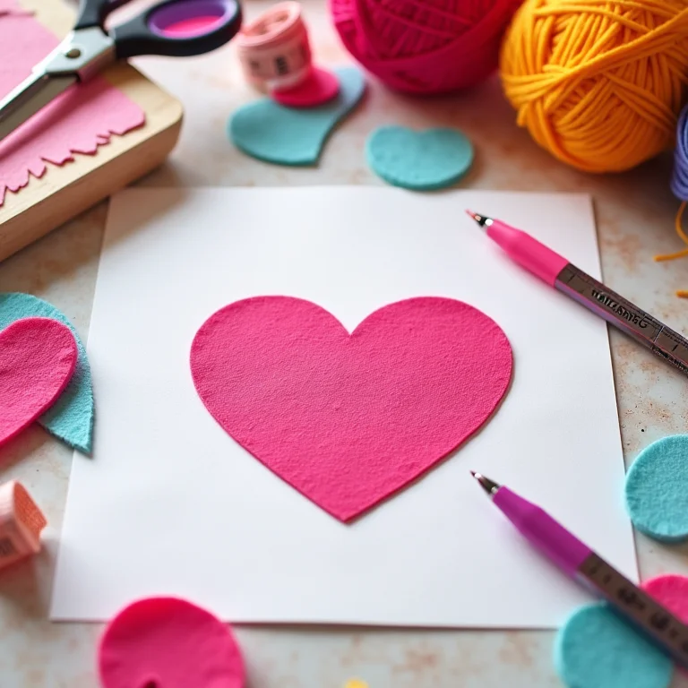 Molde de coração de feltro impresso sobre mesa de artesanato criativa