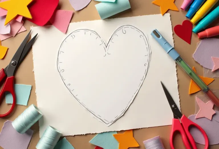 Molde de coração impresso sobre mesa de artesanato com materiais coloridos