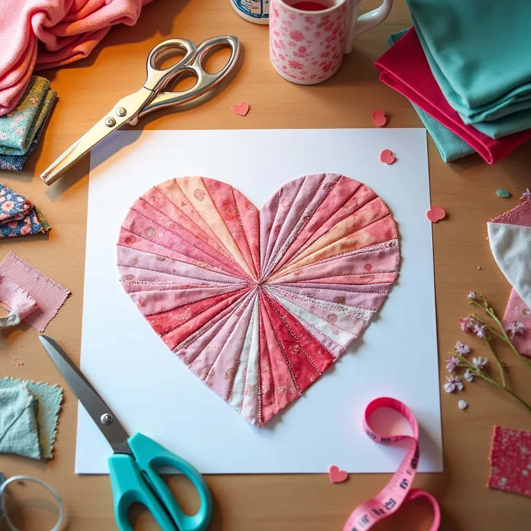 Molde de coração impresso sobre mesa de patchwork com tecidos e materiais de costura