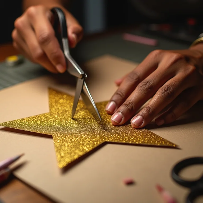 Molde de estrela sendo recortado em papel dourado com glitter