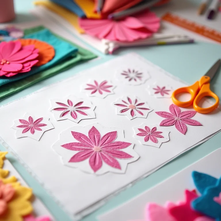 Molde de flor impresso em mesa de artesanato com diversos materiais.