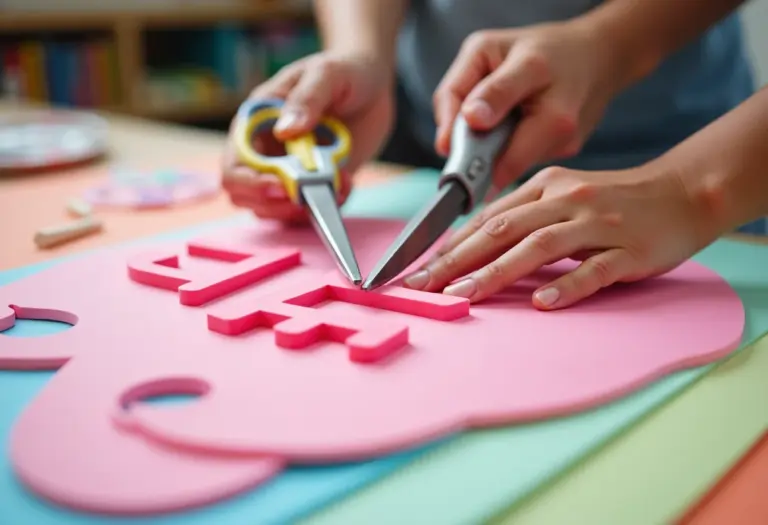 Molde de letras em EVA sendo recortado por mãos diversas
