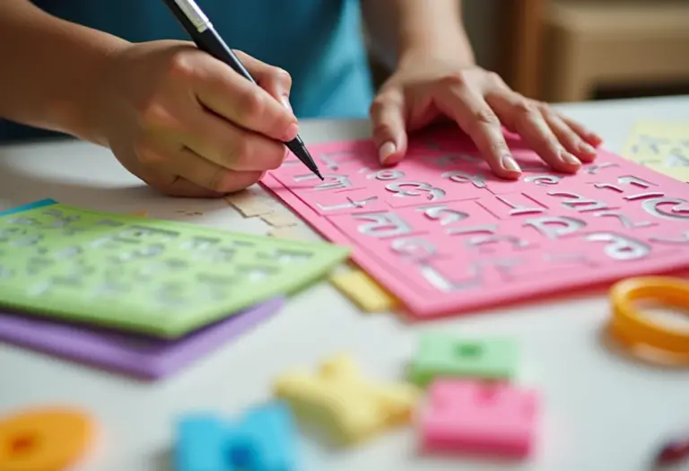 Molde de letras para EVA sendo utilizado para contornar as letras.