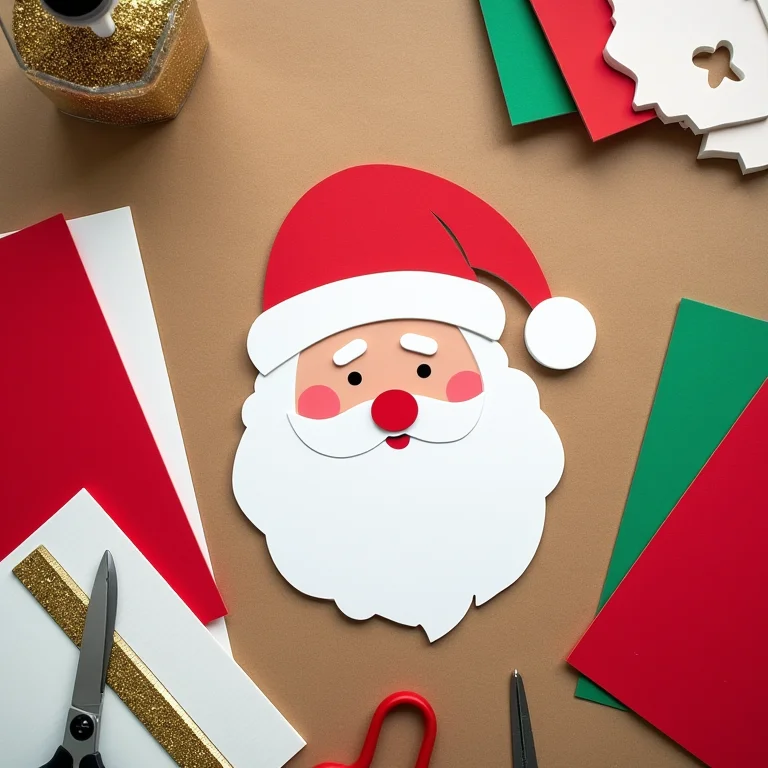 Molde de Papai Noel impresso sobre mesa de artesanato com materiais de EVA