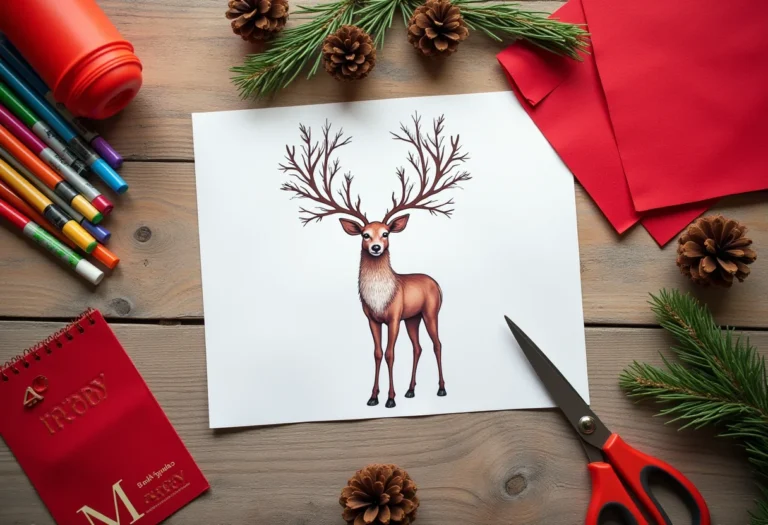 Molde de rena de Natal impresso sobre mesa de artesanato com feltro e outros materiais