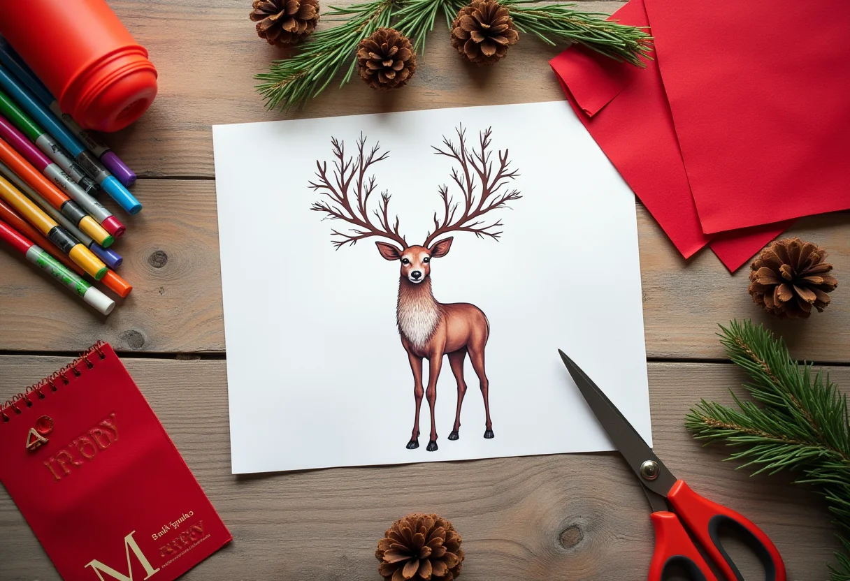 Molde de Rena de Natal: Dicas e passo a passo para imprimir Molde de rena de Natal impresso sobre mesa de artesanato com feltro e outros materiais