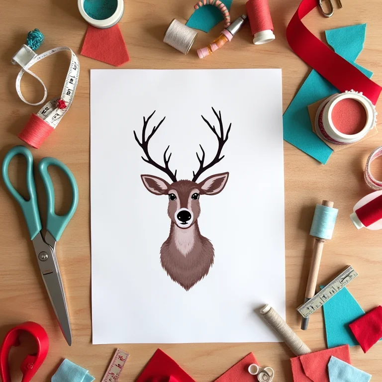 Molde de rena impresso sobre mesa de artesanato com materiais de costura