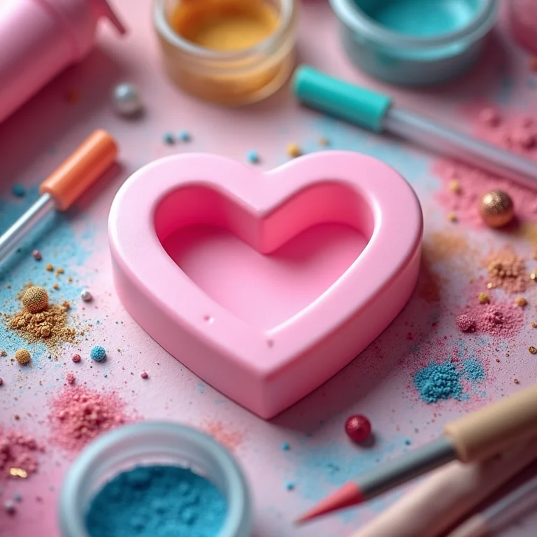 Molde de silicone em formato de coração com materiais para resina