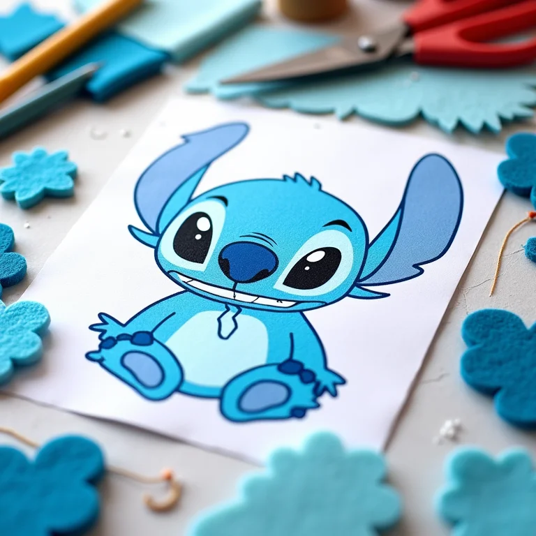 Molde de Stitch impresso sobre mesa de artesanato criativa