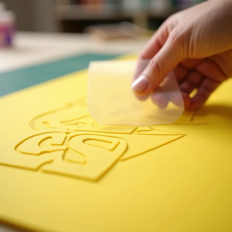 Molde vazado de letra em acetato sendo usado sobre EVA amarelo
