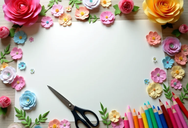 Moldes de flores de papel impressos sobre mesa de artesanato com materiais para recorte