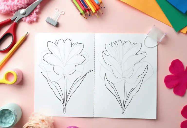 Moldes de flores impressos em mesa de artesanato com materiais coloridos