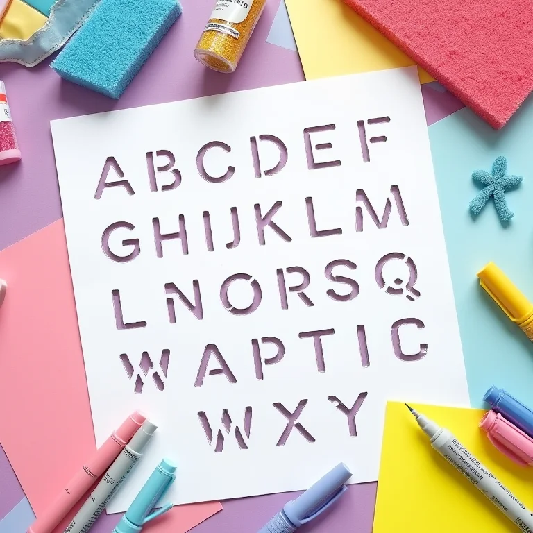 Moldes de letras do alfabeto impressos sobre mesa de artesanato criativa