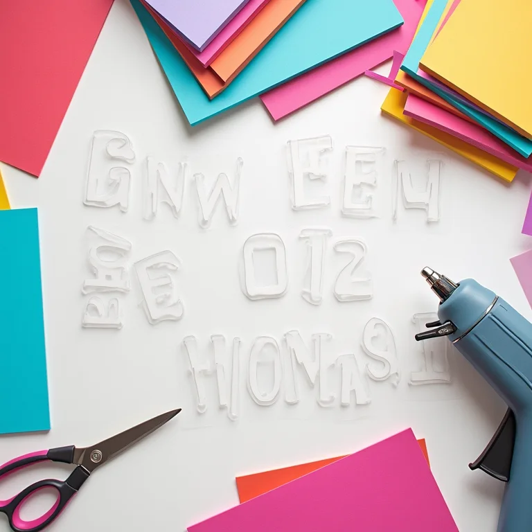 Moldes de letras em acetato organizados em mesa de artesanato