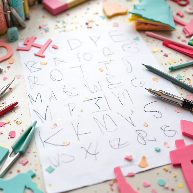Moldes de letras impressos em mesa de artesanato com materiais coloridos